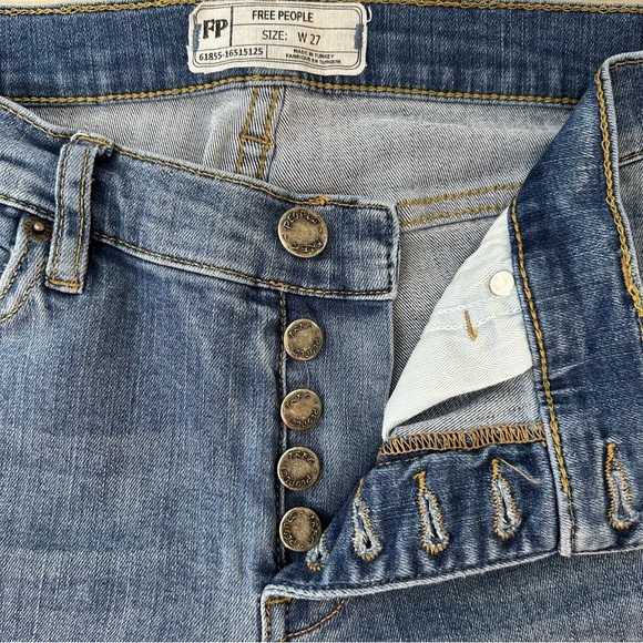 Free People Button-Fly Skinny Jeans Blue Raw Hem Mid Rise Stretch 27 - Picture 3 of 13